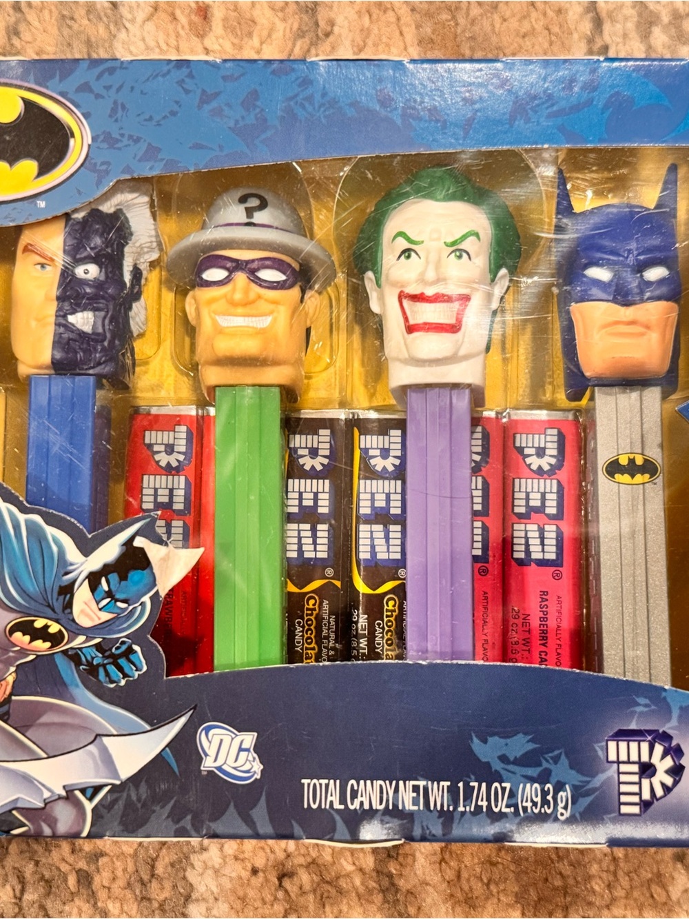 DC Comics PEZ Dispenser Set with Blue, Green, Purple, Silver and Red Accents